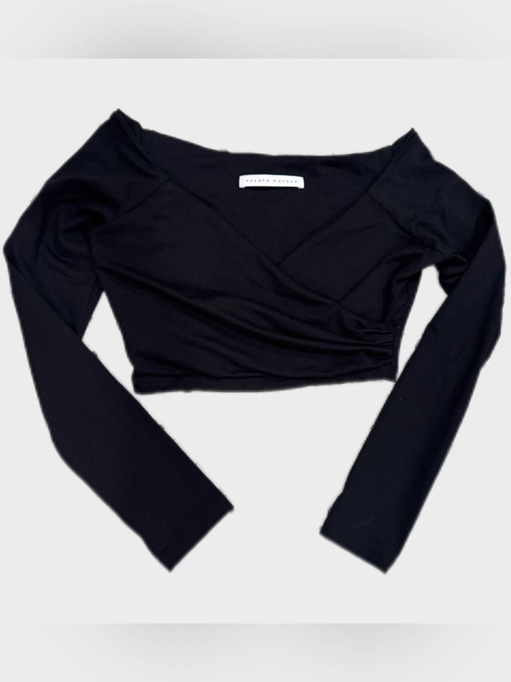 Susana Monaco Black Faux Wrap Off the Shoulder Cropped Long Sleeve Top - Picture 2 of 5